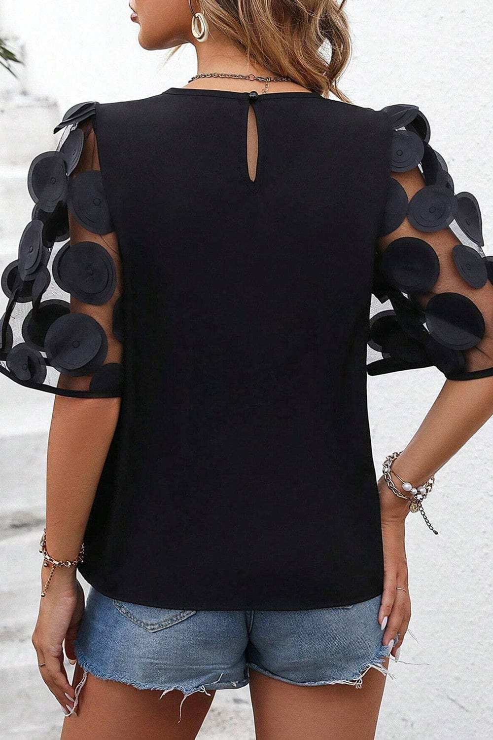 Applique Round Neck Half Sleeve Blouse - Trendsi - Flyclothing LLC