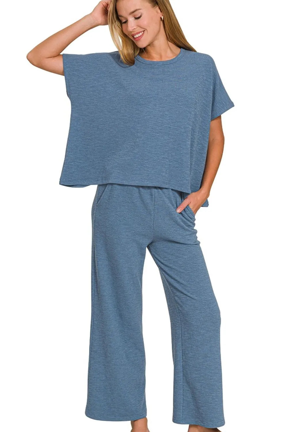 Zenana Cotton Slub Top & Pants Set - Trendsi