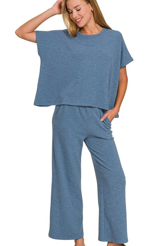 Zenana Cotton Slub Top & Pants Set - Trendsi - Flyclothing LLC