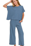 Zenana Cotton Slub Top & Pants Set - Trendsi