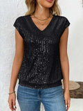 Sequin V-Neck Cap Sleeve Top - Trendsi - Flyclothing LLC