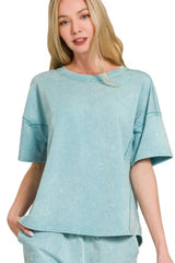 Zenana Acid Washed Short Sleeve Tee & Shorts Set - Trendsi - Flyclothing LLC
