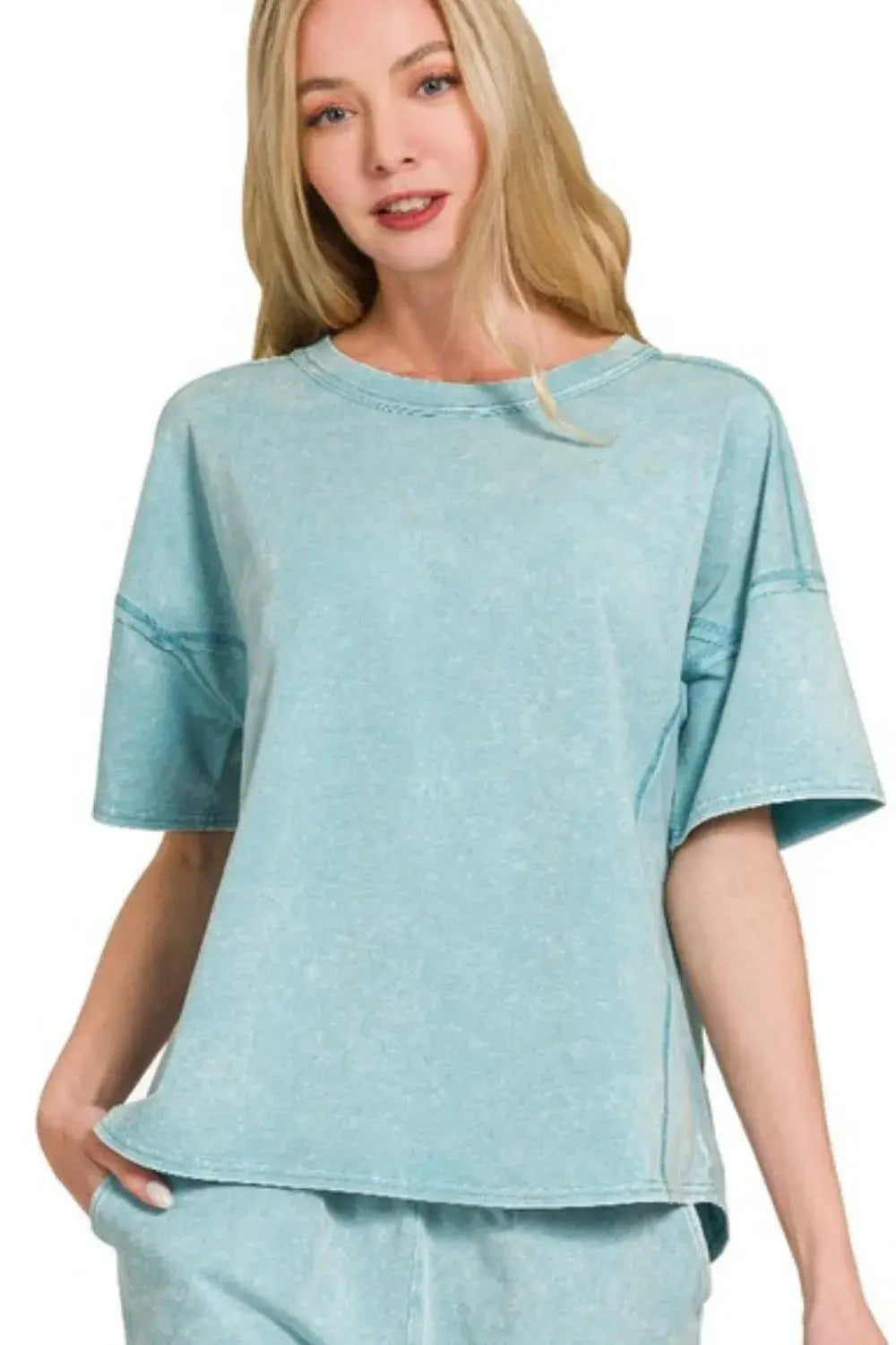 Zenana Acid Washed Short Sleeve Tee & Shorts Set - Trendsi - Flyclothing LLC
