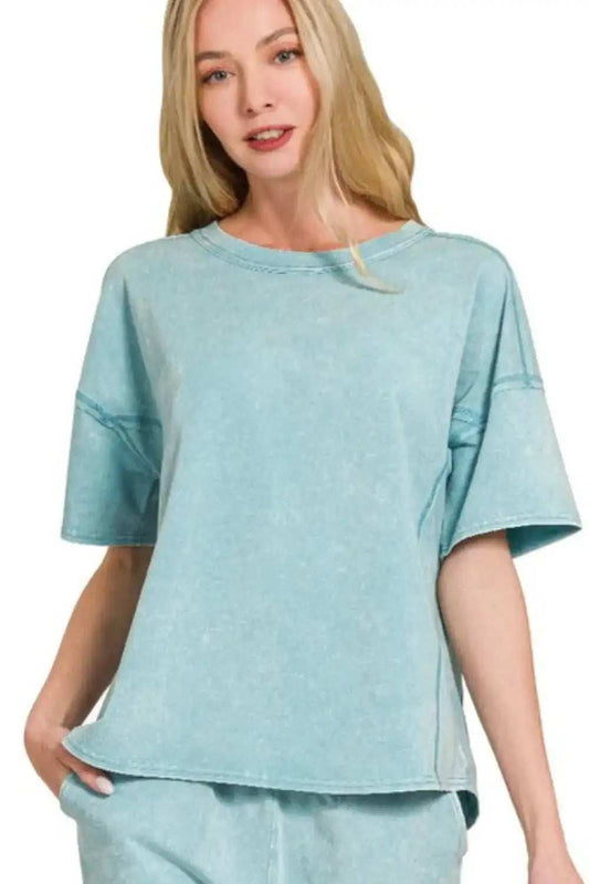 Zenana Acid Washed Short Sleeve Tee & Shorts Set - Trendsi - Flyclothing LLC
