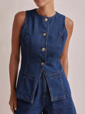 Button Down Denim Vest - Trendsi