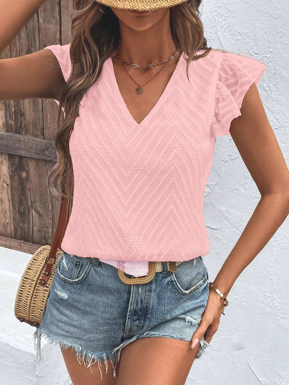 Textured V-Neck Cap Sleeve Blouse - Trendsi - Flyclothing LLC