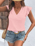 Textured V-Neck Cap Sleeve Blouse - Trendsi - Flyclothing LLC