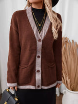 Striped Trim Button Front Pocket Knit Cardigan - Trendsi - Flyclothing LLC