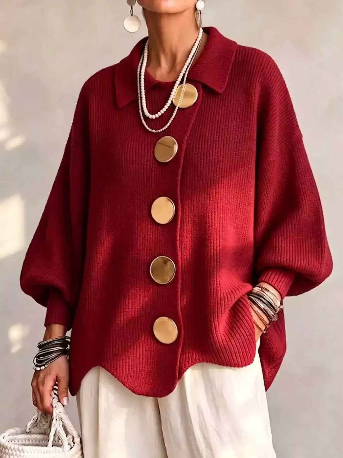 Full Size Gold Buttons Lantern Sleeve Cardigan Plus Size - Trendsi - Flyclothing LLC