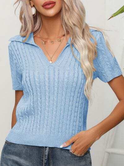 Cable Knit Short Sleeve Top - Trendsi - Flyclothing LLC