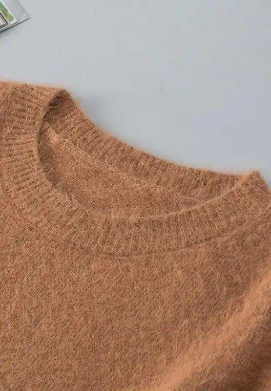 Fuzzy Round Neck Half Sleeve Sweater - Trendsi - Flyclothing LLC