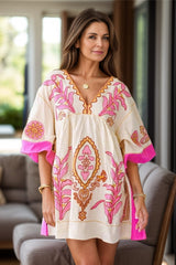 Printed V-Neck Three-Quarter Sleeve Mini Dress - Trendsi