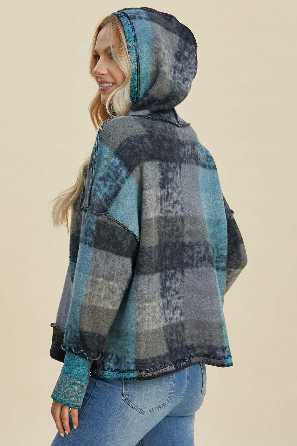 Double Take Full Size Plaid Dropped Shoulder Hoodie - Trendsi - Flyclothing LLC