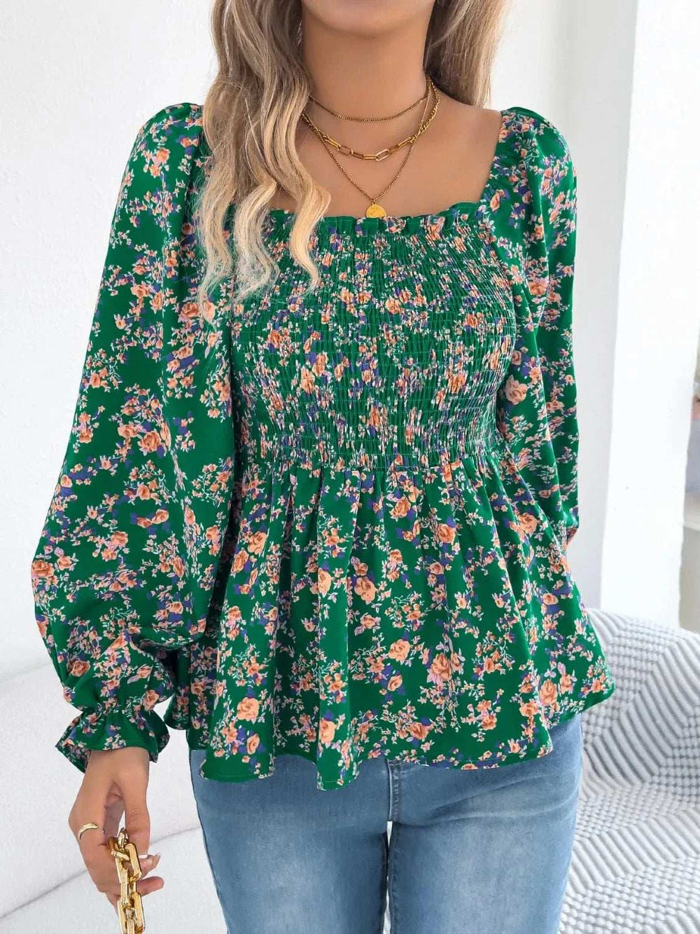 Floral Square Neck Flounce Sleeve Blouse - Trendsi - Flyclothing LLC