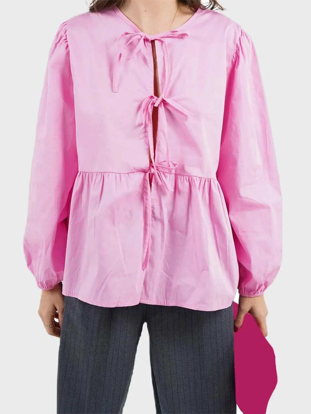 Tied Round Neck Long Sleeve Blouse - Trendsi - Flyclothing LLC