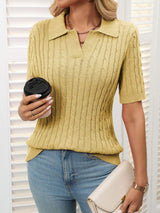 Mandy Cable Knit Johnny Collar Half Sleeve Sweater - Trendsi - Flyclothing LLC