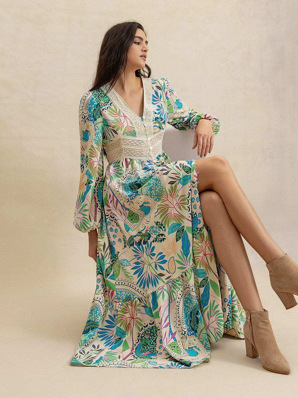 Slit Printed V-Neck Long Sleeve Midi Dress - Trendsi - Flyclothing LLC