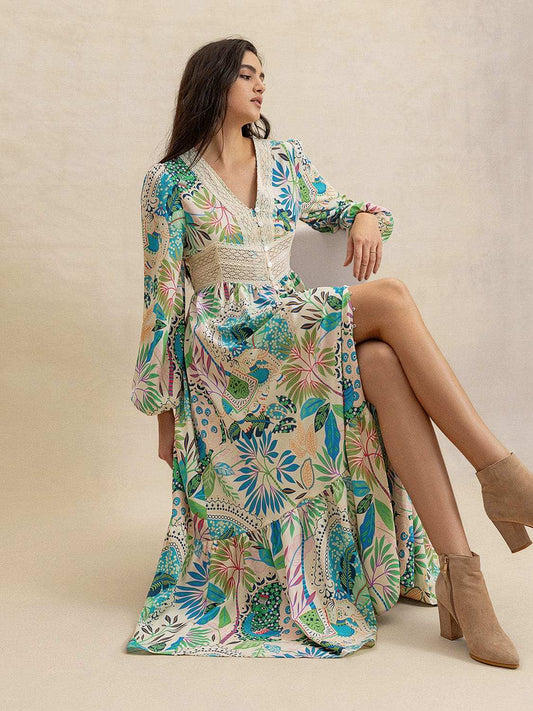Slit Printed V-Neck Long Sleeve Midi Dress - Trendsi - Flyclothing LLC