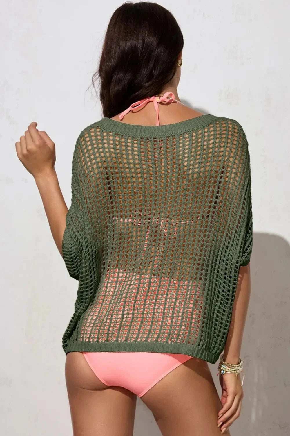 Openwork Round Neck Half Sleeve Knit Cover Up - Trendsi - Flyclothing LLC