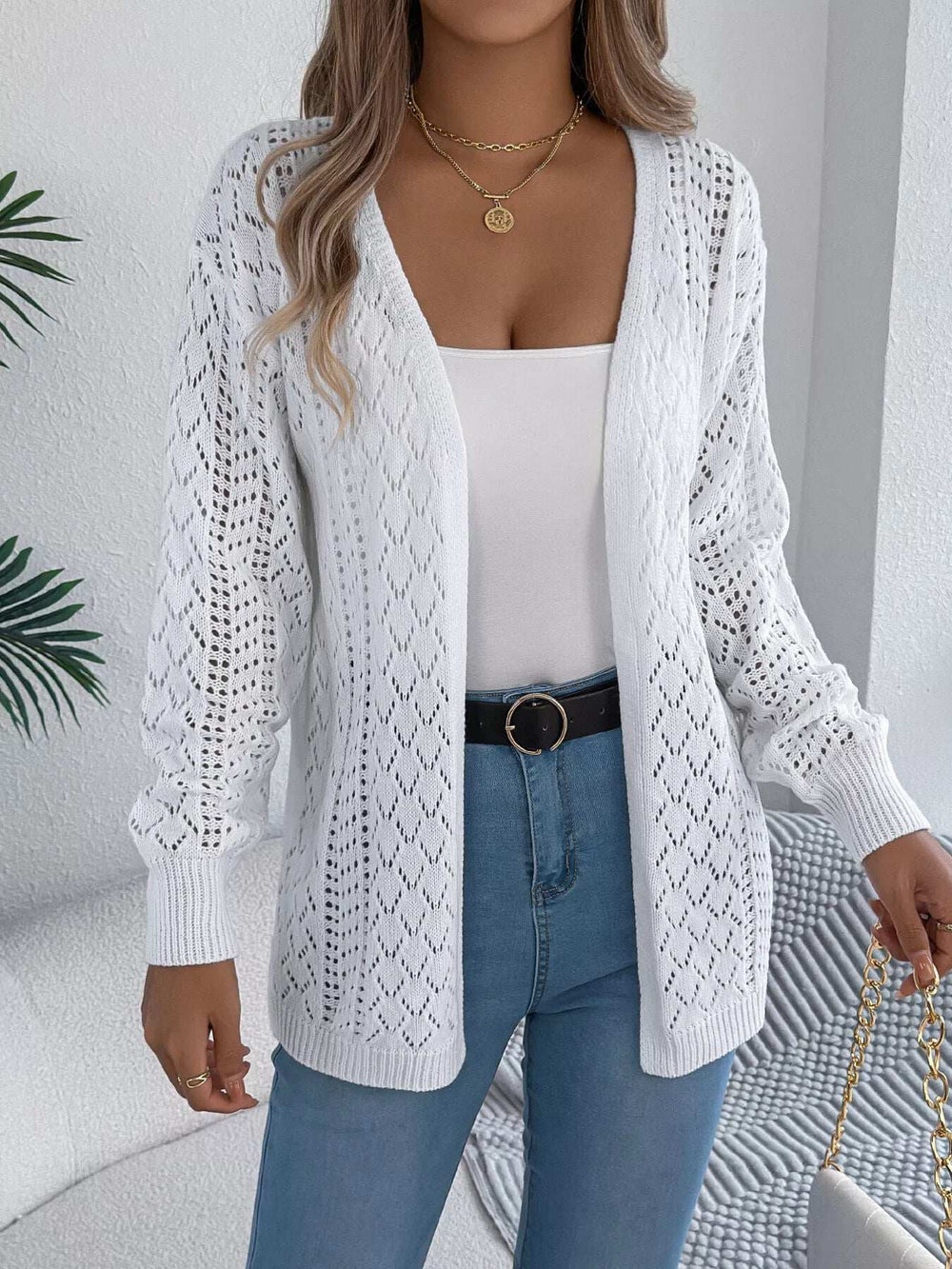 Openwork Open-Front Long Sleeve Cardigan - Trendsi - Flyclothing LLC