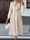 Polka Dot Tie Front Long Sleeve Midi Dress - Trendsi - Flyclothing LLC