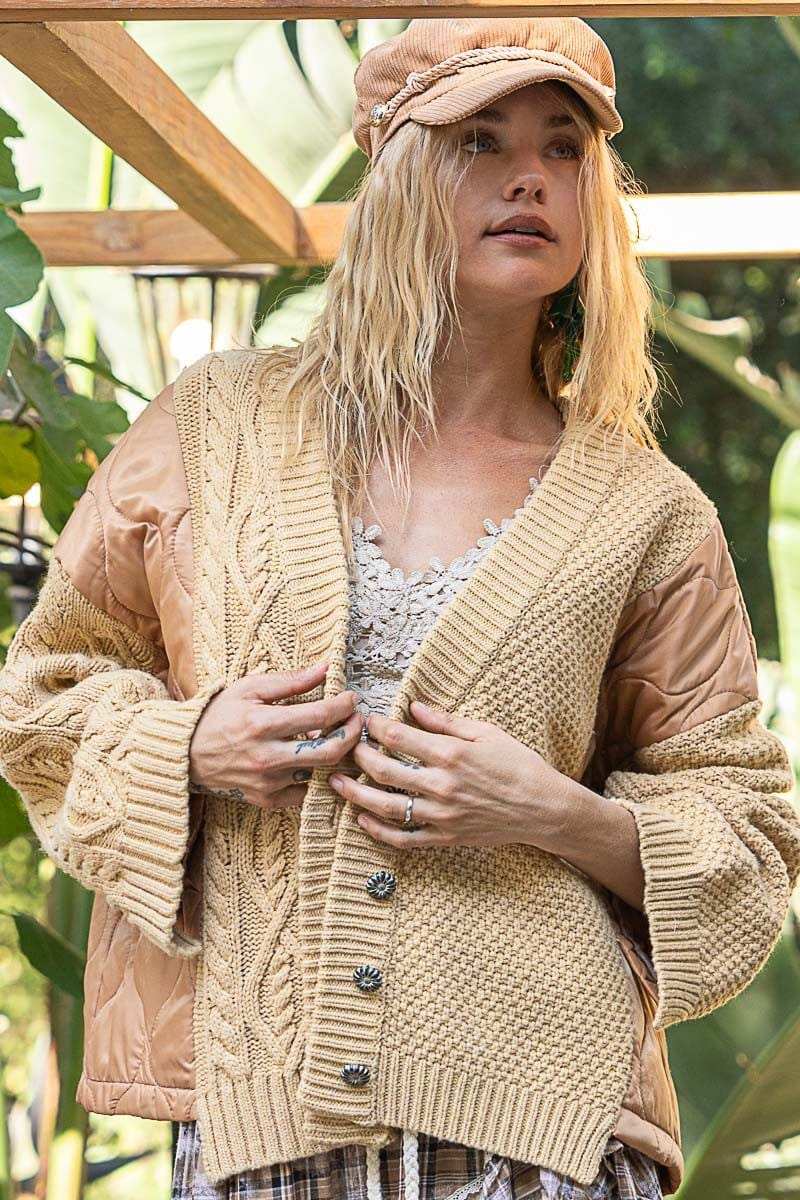 POL Quilting Patch Button Up Cable Knit Jacket - Trendsi - Flyclothing LLC