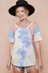BiBi Tie Dye Printed Cotton Color Block T-Shirt - Trendsi - Flyclothing LLC