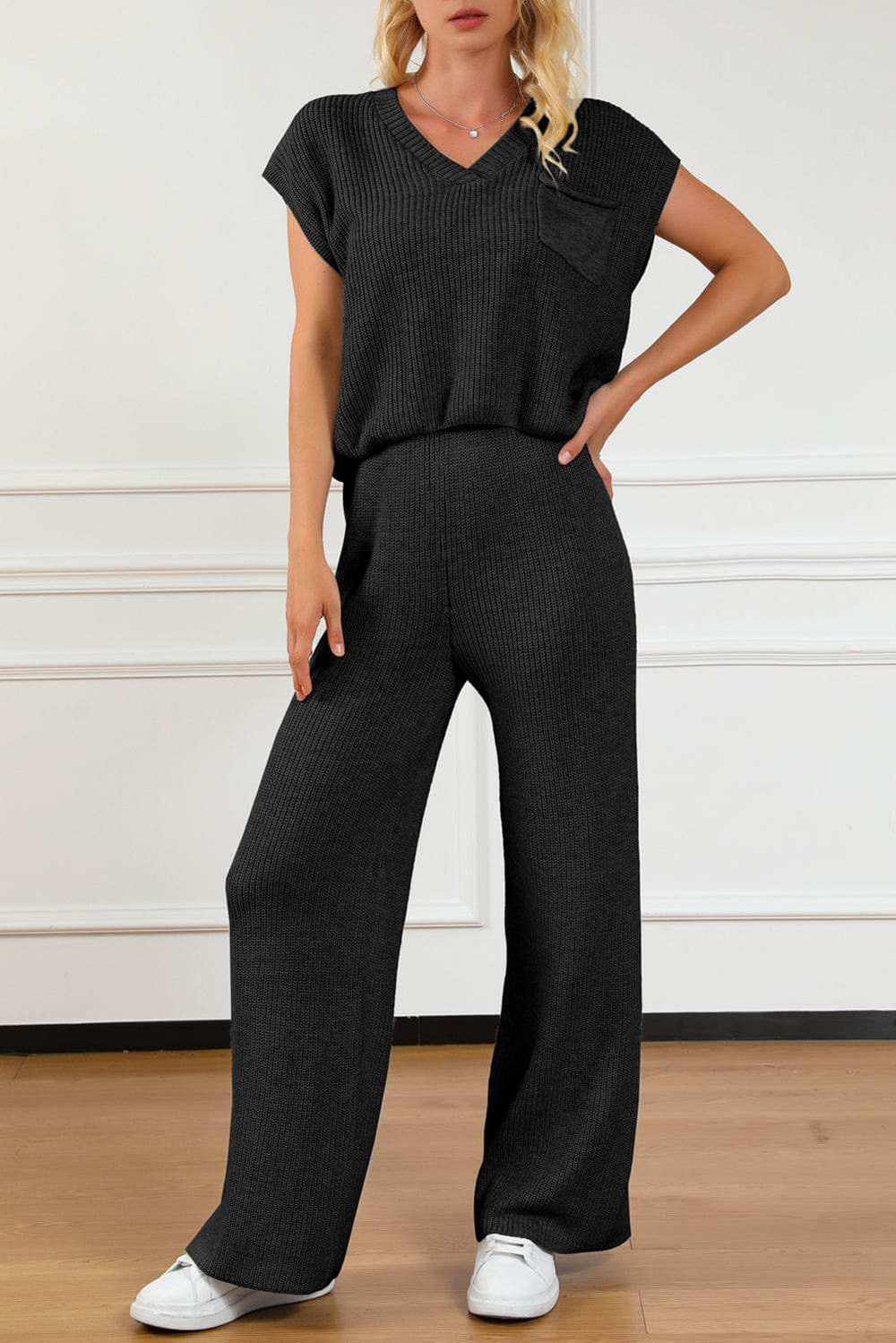Pocketed V-Neck Top and Wide Leg Sweater Set - Trendsi - Flyclothing LLC