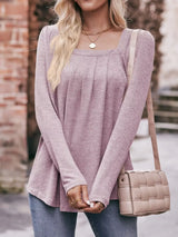 Pleated Square Neck Long Sleeve T-Shirt - Trendsi - Flyclothing LLC