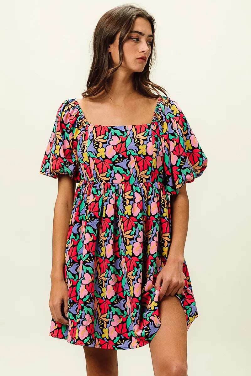 BiBi Floral Print Puff Square Neck Dress - Trendsi - Flyclothing LLC