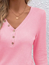 Waffle Knit Button-Detail V-Neck T-Shirt - Trendsi - Flyclothing LLC