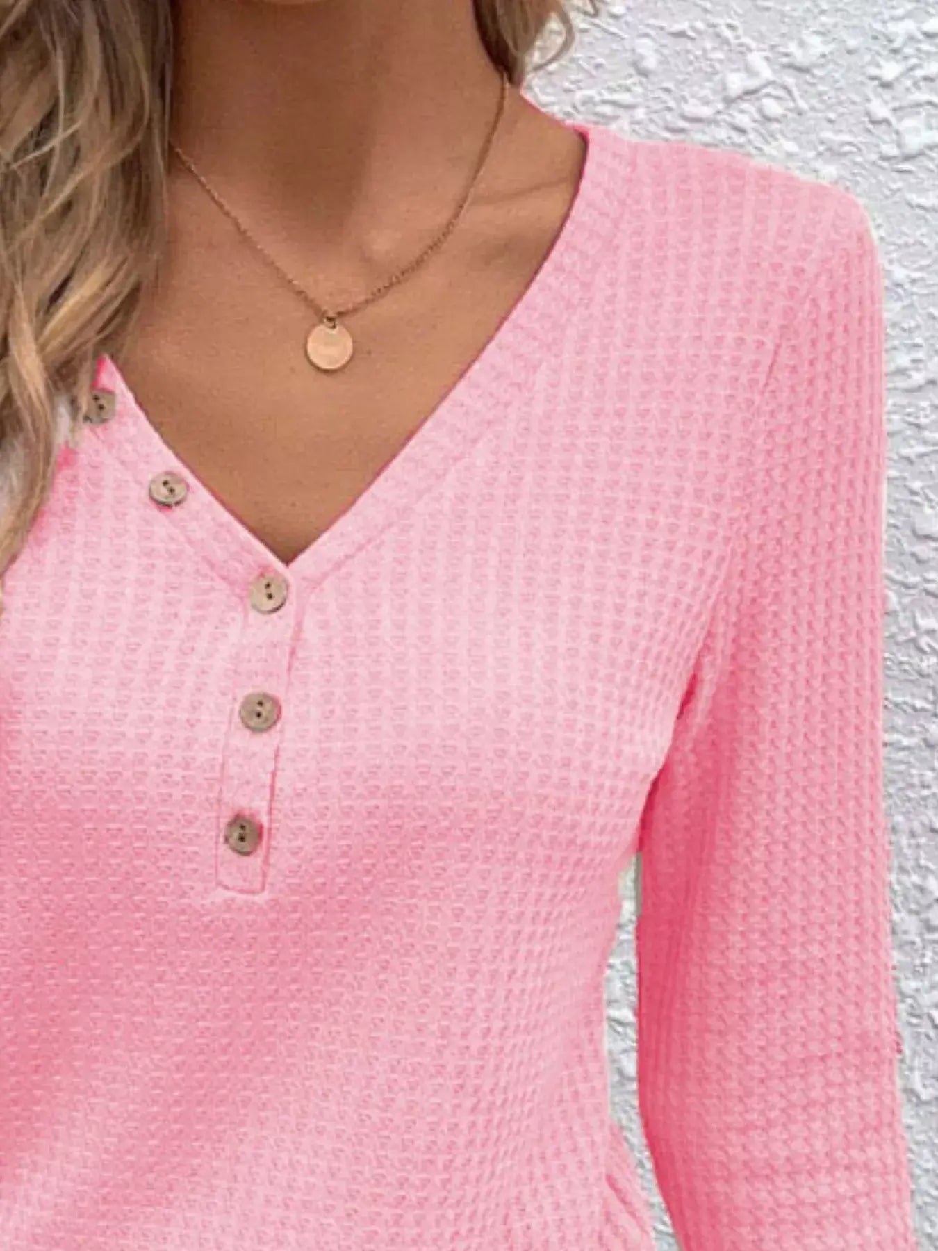 Waffle Knit Button-Detail V-Neck T-Shirt - Trendsi - Flyclothing LLC