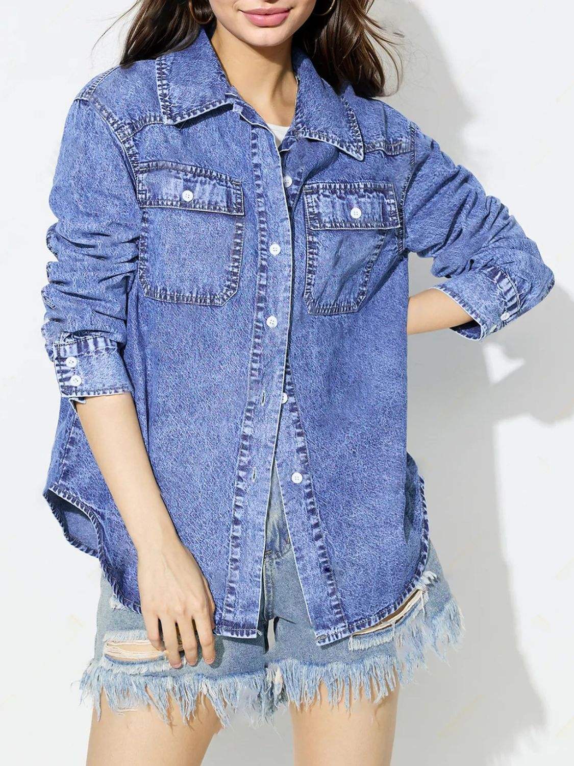 Curved Hem Collared Neck Denim Top - Trendsi - Flyclothing LLC