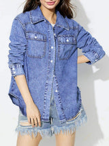 Curved Hem Collared Neck Denim Top - Trendsi - Flyclothing LLC