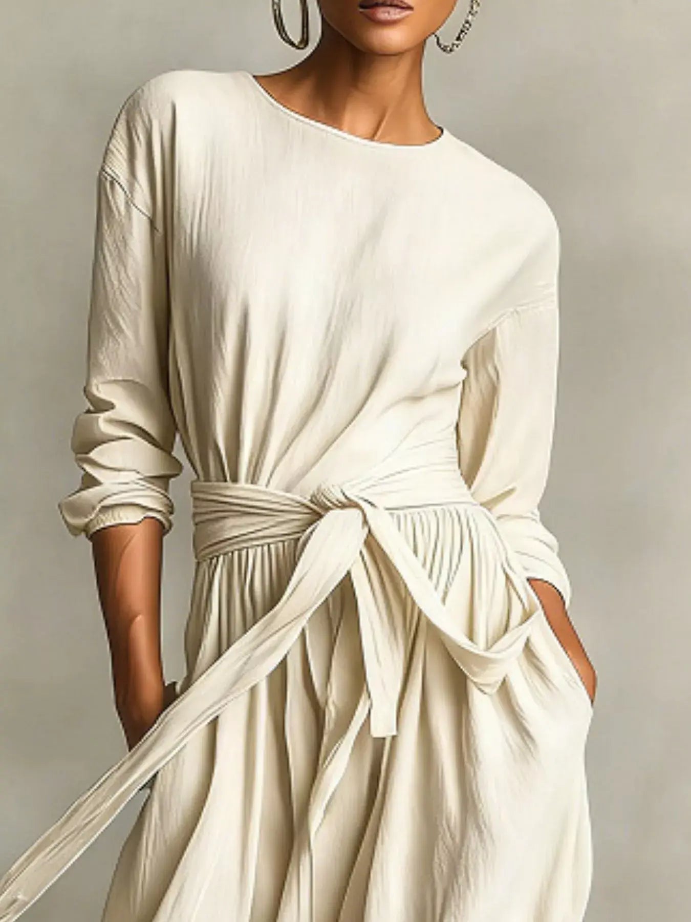 Full Size Long Sleeve Tie Waist Maxi Dress Plus Size - Trendsi - Flyclothing LLC