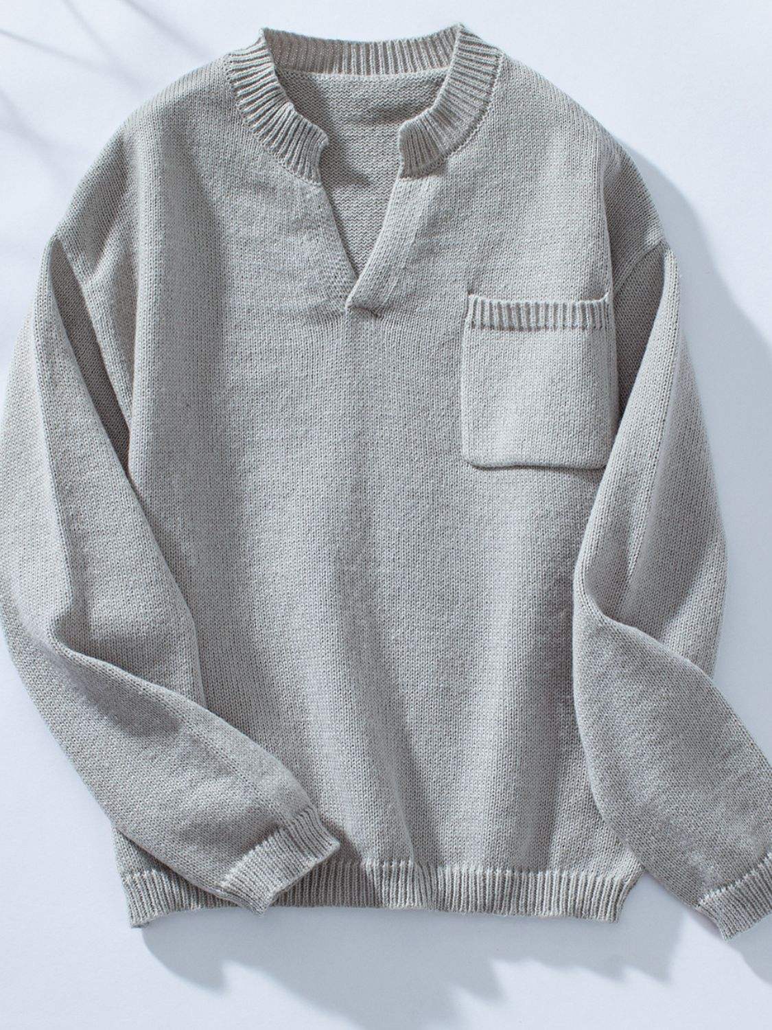 Pocketed Notched Long Sleeve Knit Top - Trendsi - Flyclothing LLC