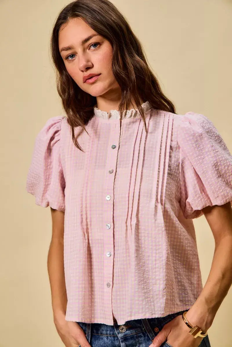 SO ME Gingham Lace Trim Button Bubble Sleeves Blouse - Trendsi - Flyclothing LLC