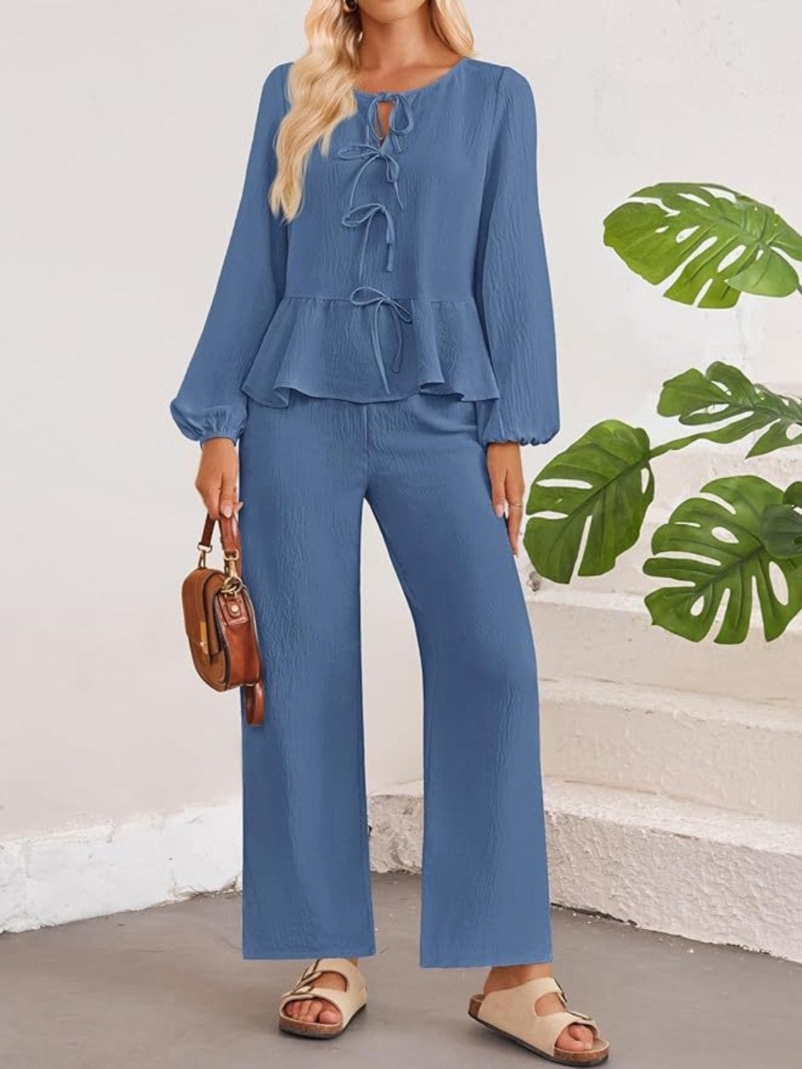 Tie Neck Balloon Sleeve Top and Pants Set - Trendsi