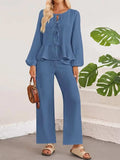 Tie Neck Balloon Sleeve Top and Pants Set - Trendsi - Flyclothing LLC