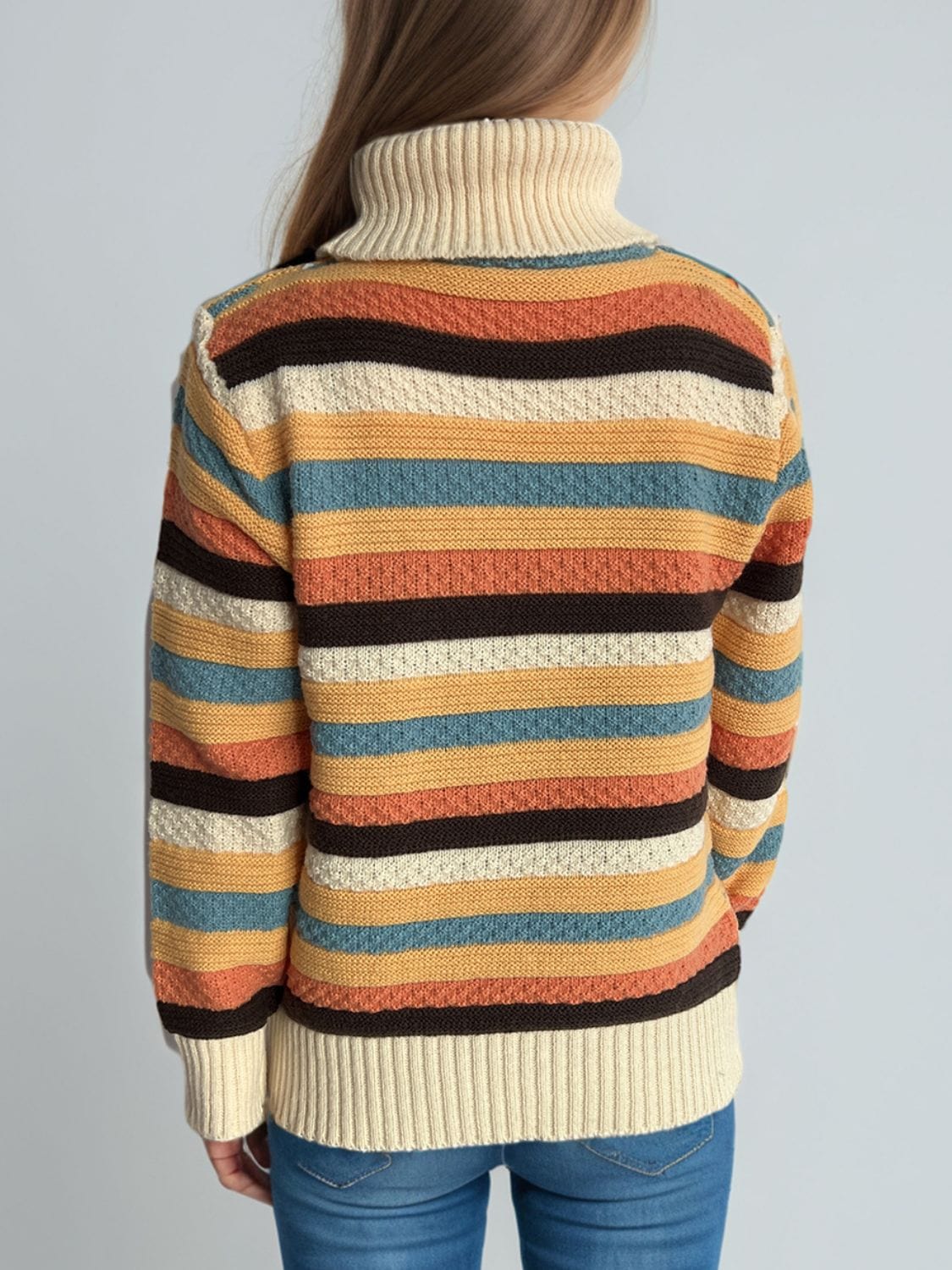 Contrast Stripes Turtleneck Long Sleeve Sweater - Trendsi