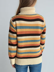 Contrast Stripes Turtleneck Long Sleeve Sweater - Trendsi