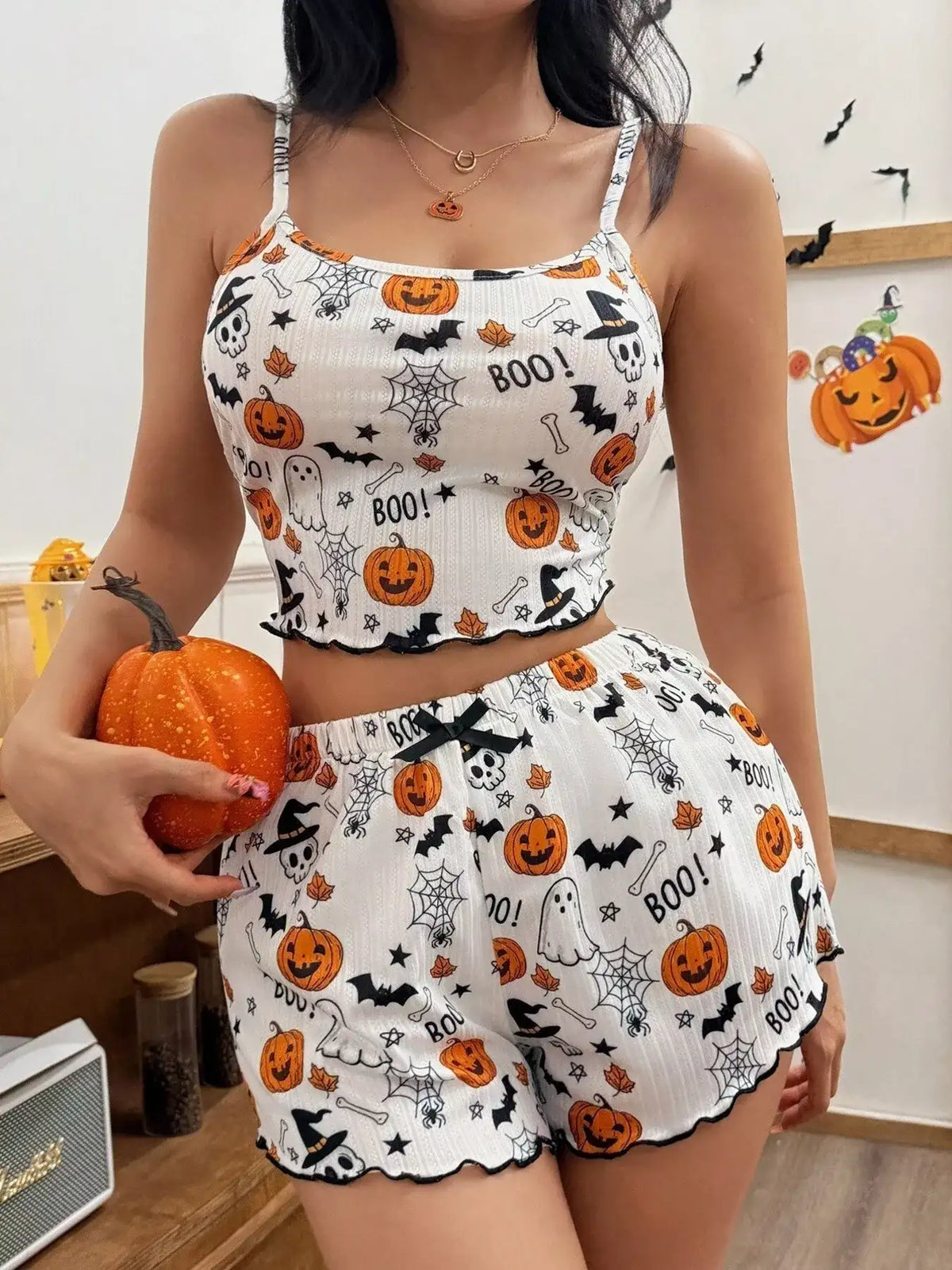 Halloween Pumpkin Print Cami and Shorts Lounge Set - Trendsi - Flyclothing LLC