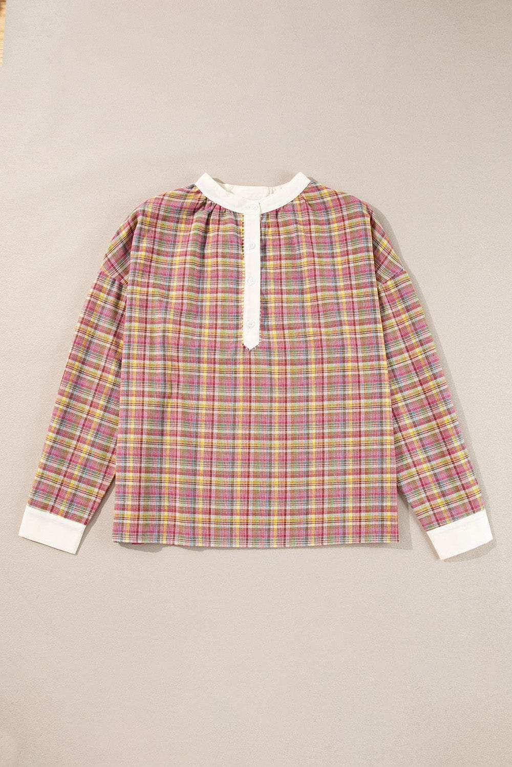 Mulit-Color Plaid Round Neck Long Sleeve Blouse - Trendsi - Flyclothing LLC