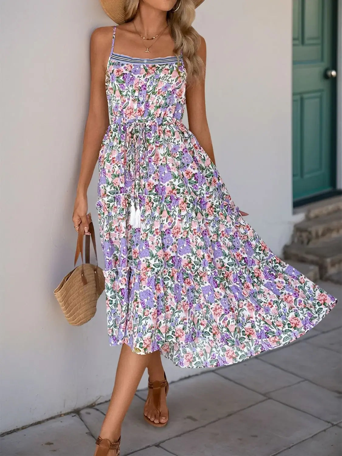 Perfee Decor Button Printed Sleeveless Tiered Midi Dress - Trendsi - Flyclothing LLC