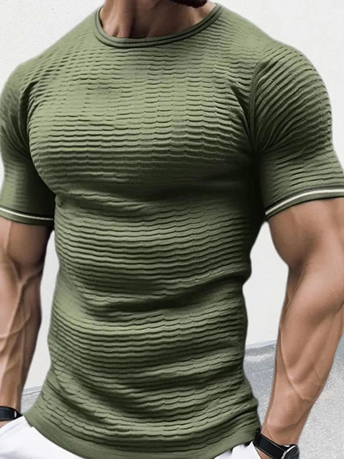 Men's Plus Size Texture Round Neck Contrast Trim T-Shirt - Trendsi - Flyclothing LLC