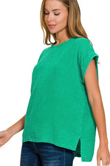 Zenana Woven Double Gauze Acid Washed Short Sleeve Top - Trendsi - Flyclothing LLC