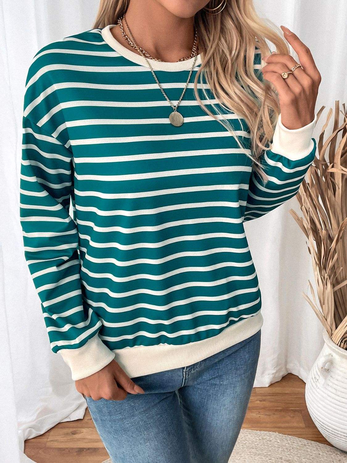 Perfee Striped Contrast Round Neck Long Sleeve Sweatshirt - Trendsi - Flyclothing LLC