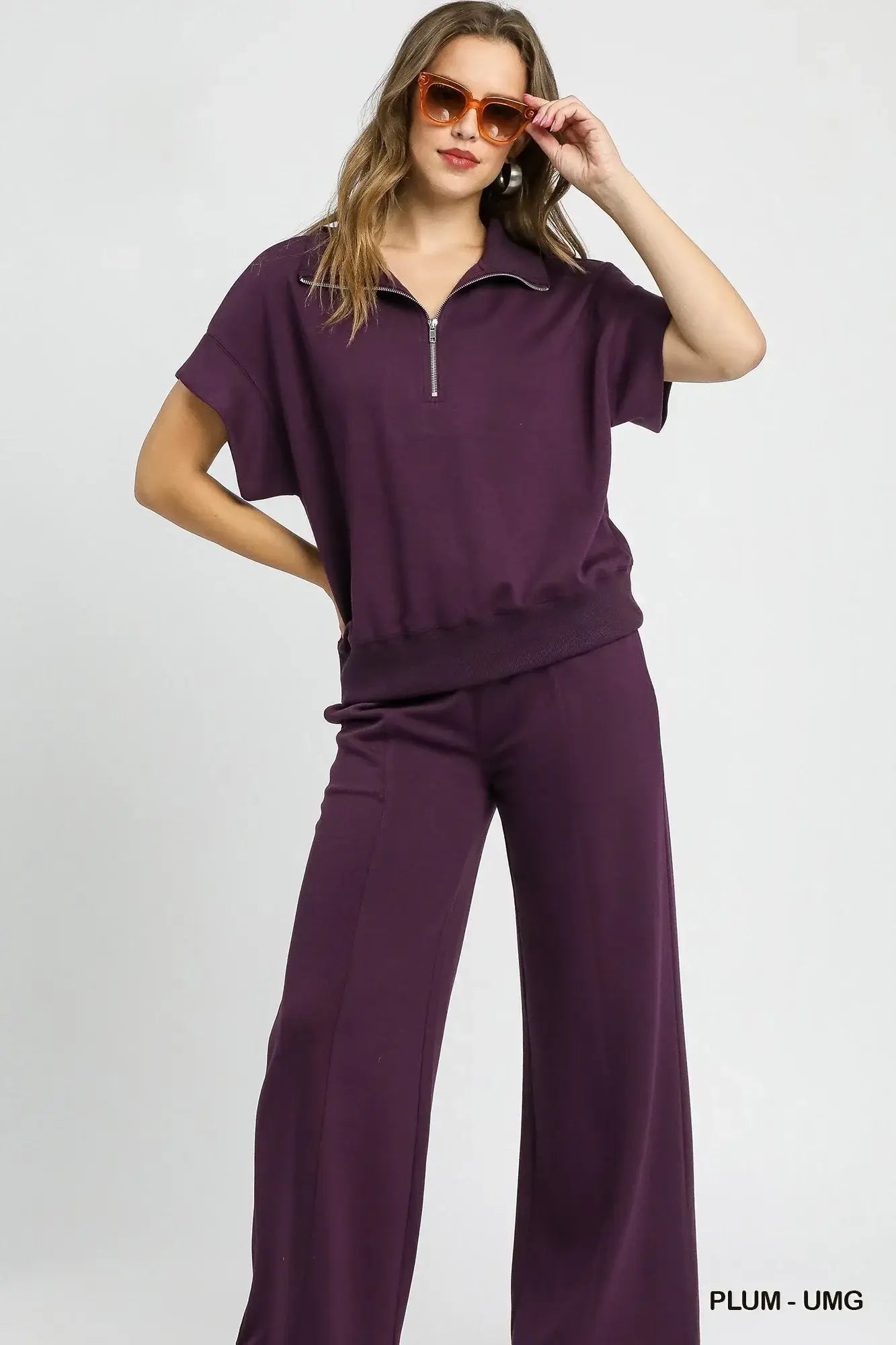 Umgee Full Size Half-Zip Short Sleeve Top Plus Size - Trendsi - Flyclothing LLC