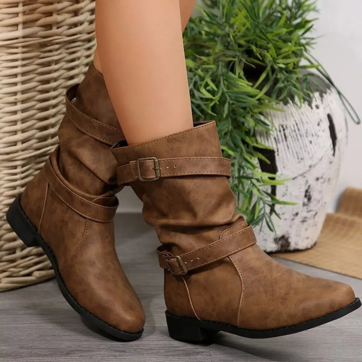 Buckled Low Heel Boots - Trendsi - Flyclothing LLC