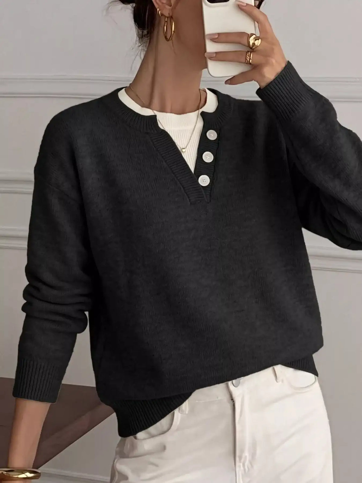 Decor Button-Placket Ribbed Knit Sweater - Trendsi - Flyclothing LLC